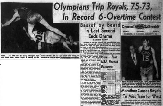 On January 6th, 1951 when the Indianapolis Olympians defeated the Rochester Royals in a six overtime game played at Edgerton Park Arena.