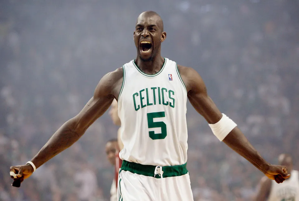 Boston Celtics’ Kevin Garnett gestures to the crowd just before tipoff in Game 1 of an NBA Eastern Conference semifinal basketball series against the Cleveland Cavaliers.