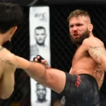 Jeremy Stephens kicks Dooho Choi of South Korea in their featherweight bout during the UFC Fight Night event inside the Scottrade Center on January 14, 2018 in St. Louis, Missouri.
