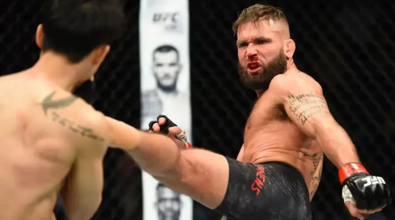 Jeremy Stephens kicks Dooho Choi of South Korea in their featherweight bout during the UFC Fight Night event inside the Scottrade Center on January 14, 2018 in St. Louis, Missouri.
