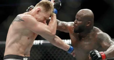 Derrick Lewis, right, punches Alexander Volkov during a heavyweight mixed martial arts bout.