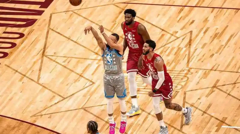 Stephen Curry attempting a 3-pointer during the 2022 NBA All-Star Game.