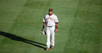 Barry Bonds in the outfield for the San Francisco Giants during a game in 1996.