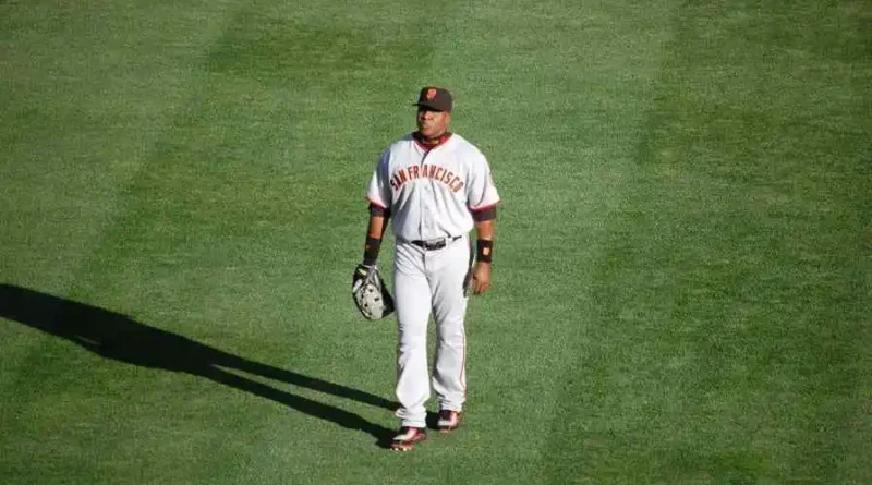 Barry Bonds in the outfield for the San Francisco Giants during a game in 1996.