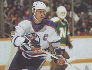 Gretzky in action against the Minnesota North Stars, c. 1985.