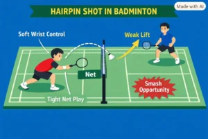 Hairpin Shot in Badminton. (This is an AI-generated image.)
