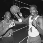 (Original Caption) The top two NBA Rookie of the Year candidates, Chicago Bulls'Michael Jordan (left) and Houston Rockets' Akeem Olajuwon, give their own votes to whom should win the award at the end of the season.