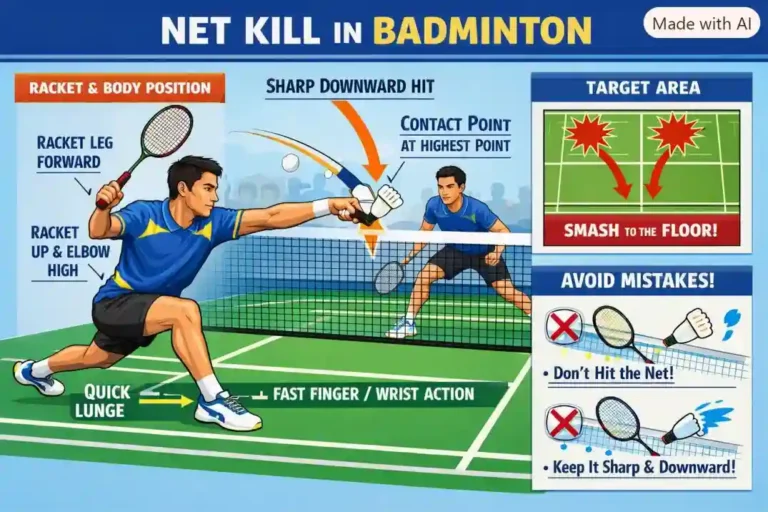 Net Kill in Badminton. (This is an AI-generated image.)